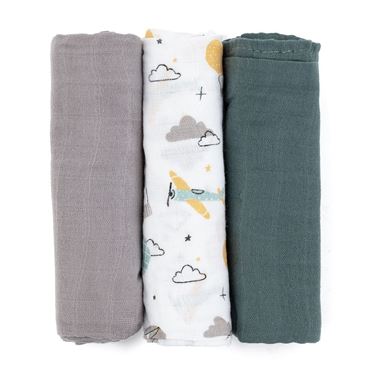 Bilde av PETITE&MARS Musselinkluter - 3 stk Grey Planes (68cm)