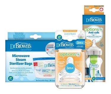Bilde av Dr. Browns Flaskesett: Babyflaske i glass 270ml + 2 stk Flaskesmokker + 5stk Steriliseringsposer