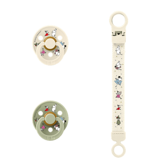 Bilde av Bibs Gaveeske, Mumitrollet, Smokkesnor og 2 x smokker Ivory/Sage 2 Pack