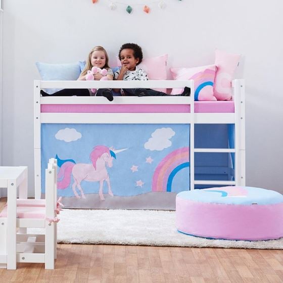 Bilde av Hoppekids Halvhøy Seng, Eco Comfort med Unicorn Forheng